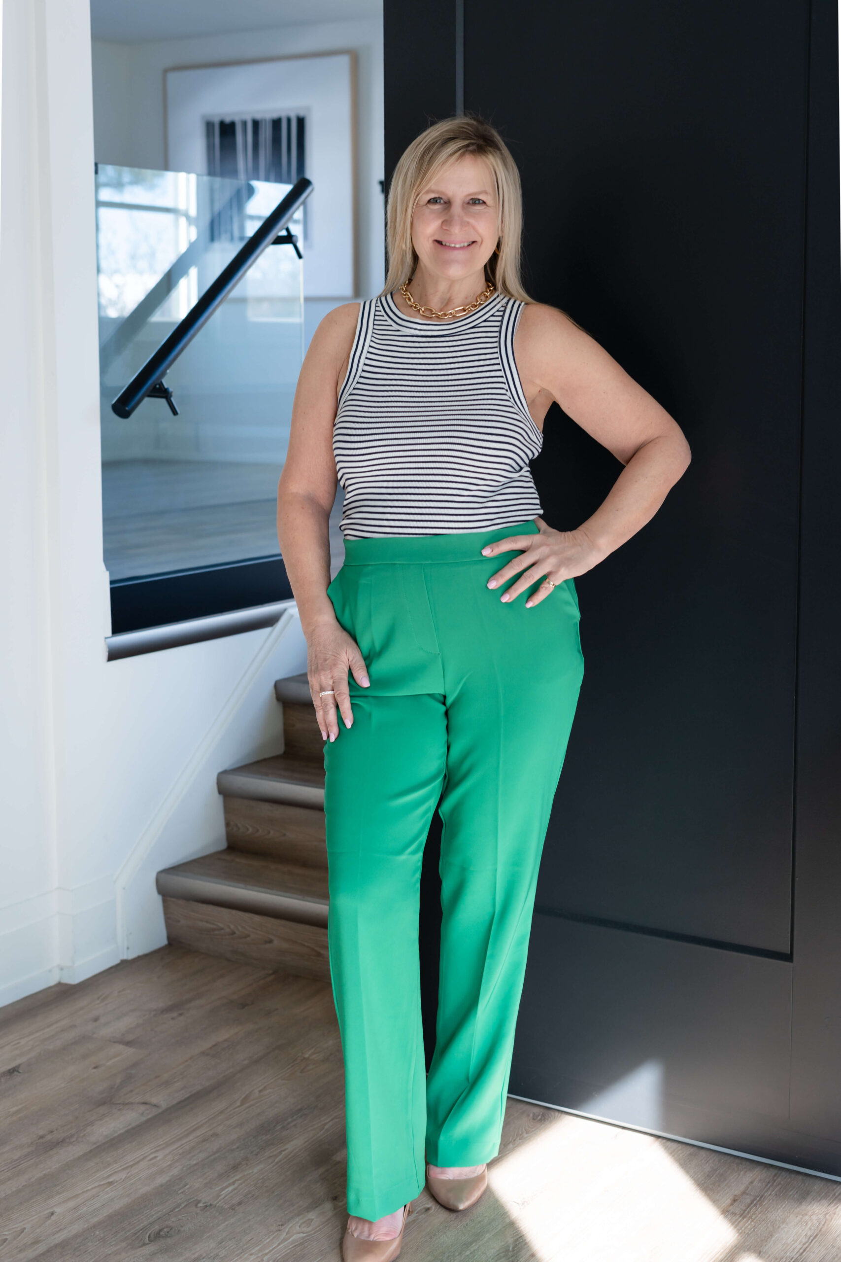 Karen Roy in an office at a speaking engagement